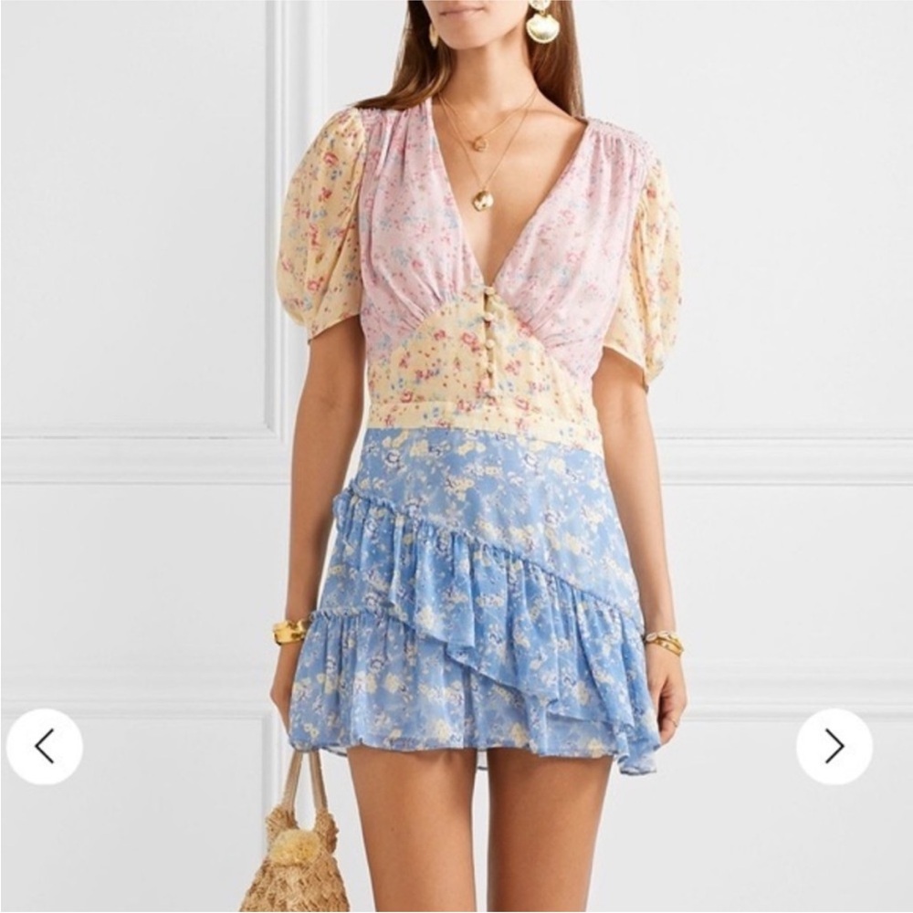 LoveShackFancy Bea Ruffled Puff Sleeve Mini Dress in Patchwork Size 0